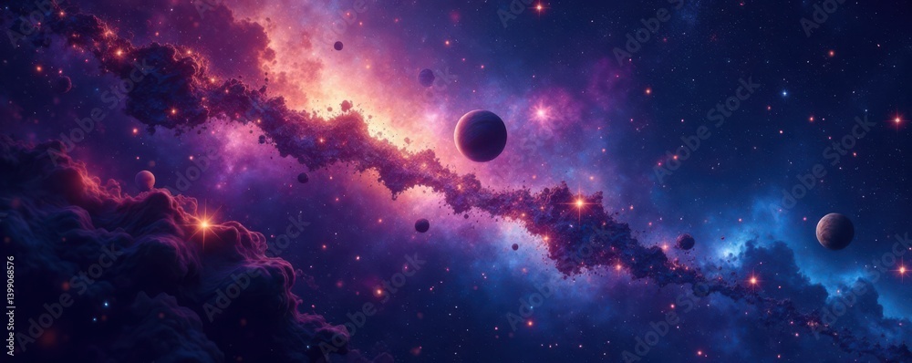 Fototapeta premium Cosmic Background with Sparkling Stars and Planets, galaxies, planets