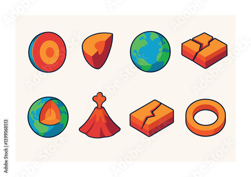 Isometric flat vector set of icons of Earth layers and structure: core icon, mantle section, crust globe, tectonic plates, cross-section Earth, volcano lines, earthquake path, geography ring.