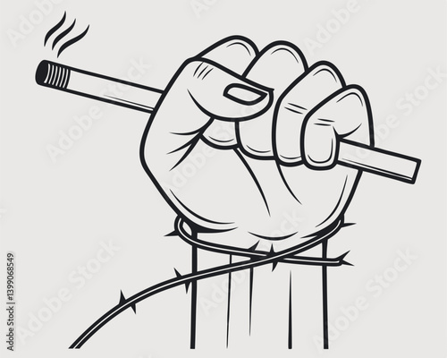 Stop Smoking Addiction: Clenched Fist Holding Cigarette with Barbed Wire.