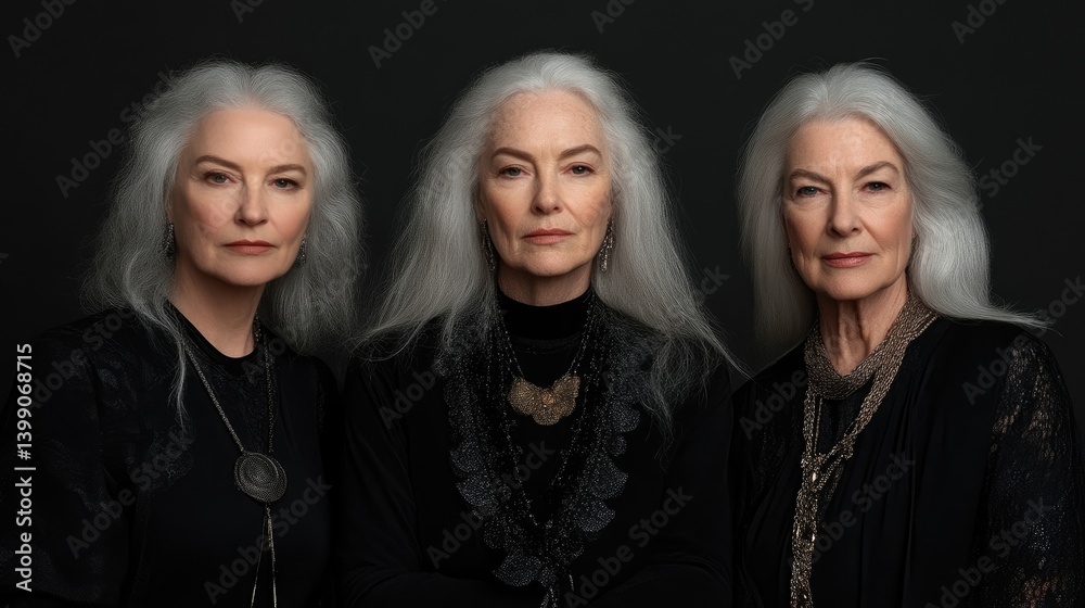 Three mature women with long, silver hair, serious expressions, dark attire, and jewelry