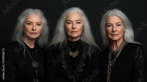 Obraz na płótnie Three mature women with long, silver hair, serious expressions, dark attire, and jewelry w salonie
