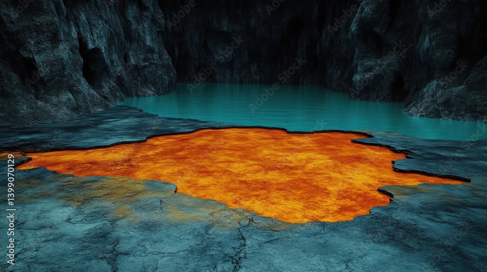 Cave with molten lava and a turquoise lake
