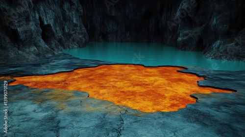 Obraz na płótnie Cave with molten lava and a turquoise lake w salonie