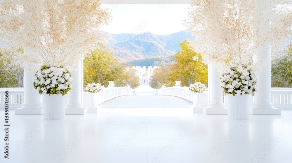 Elegant white outdoor venue with floral decor