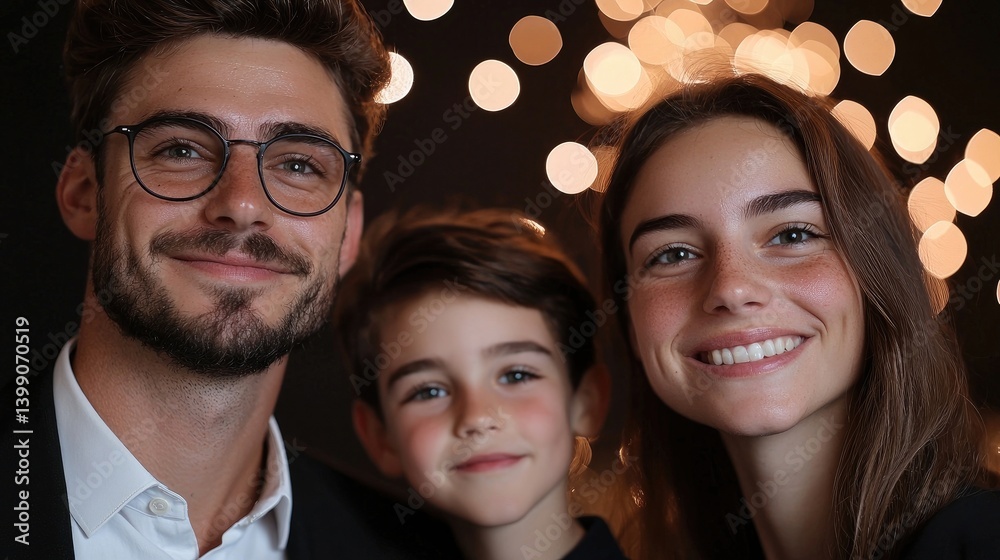 Happy family portrait. Close-up shot of a smiling father, mother, and child. Warm, inviting atmosphere