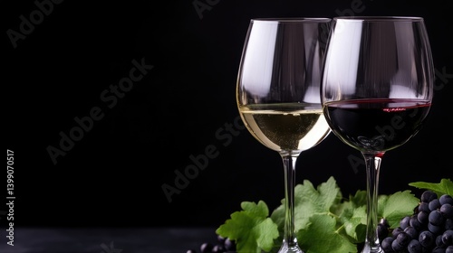 Two glasses of wine, white and red, with grapes