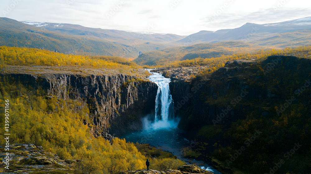 Fototapeta premium Autumn Waterfall In Mountainous Landscape