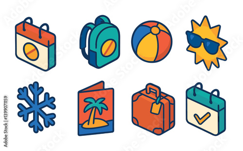 Isometric flat vector set of icons of school holidays: calendar icon, backpack off, beach ball, sun with glasses, snowflake icon, holiday card, vacation suitcase, day off icon. isolated transparent