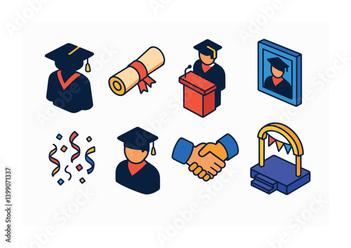 Isometric flat vector set of icons of education and learning: student, teacher, classroom, graduation cap, online class, studying, test, certificate. isolated transparent background.