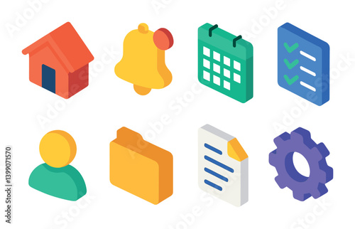 Isometric flat vector set of icons of student reading: school textbook, assigned reading, backpack with book, classroom shelf, study group, reading aloud, flashcards, quiz prep. isolated transparent