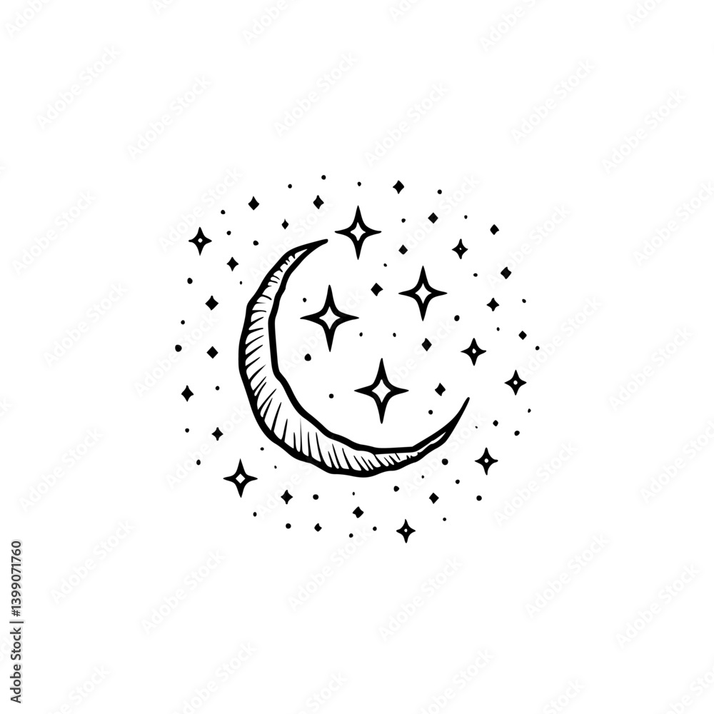 Hand-Drawn Crescent Moon & Stars Illustration on White, Celestial Design Hand-Drawn Crescent Moon & Stars Illustration on White, Celestial Design