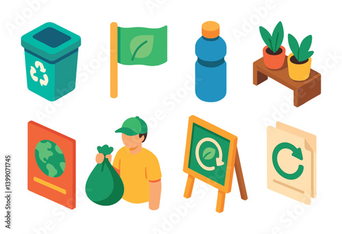 Isometric flat vector set of icons of eco-friendly school: recycling bin, green flag, reusable bottle, classroom plants, eco poster, clean-up event, sustainability club, paper reuse icon. isolated