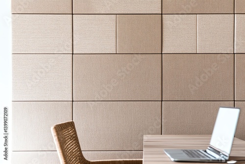 Minimalist Workspace with Acoustic Wall Panels Laptop and Rattan Chair