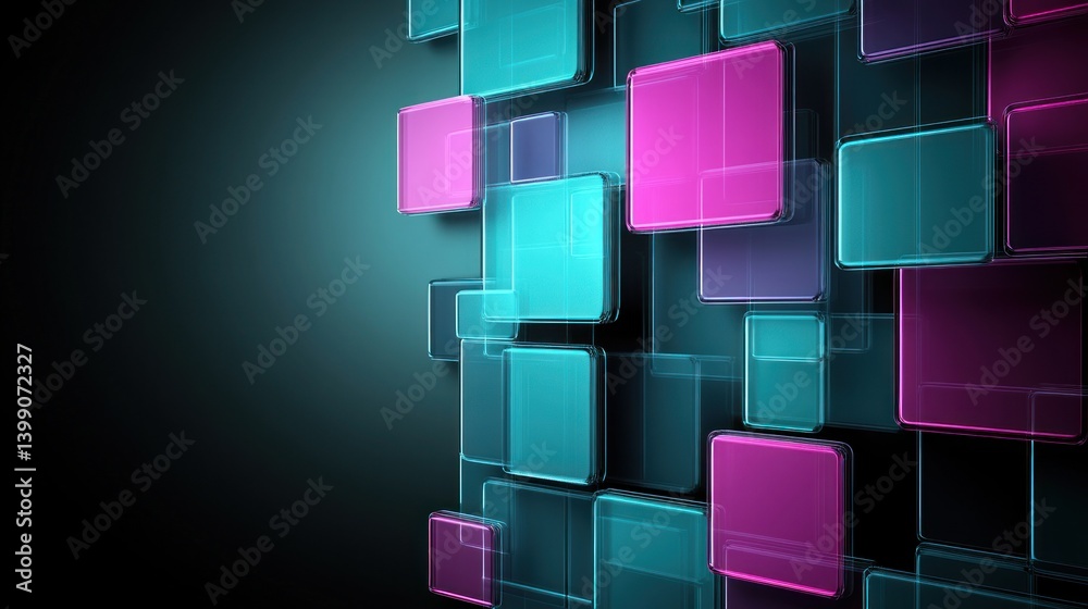 A vibrant display of layered, translucent squares in teal and magenta. A vibrant display of layered, translucent squares in teal and magenta.