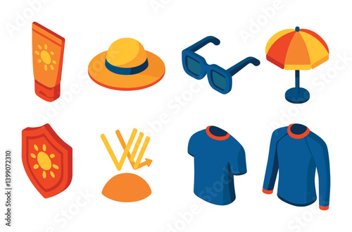 Isometric flat vector set of icons of sun protection: sunblock tube, hat icon, sunglasses, shaded umbrella, SPF icon, skin shield, UV ray icon, rash guard. isolated transparent background.