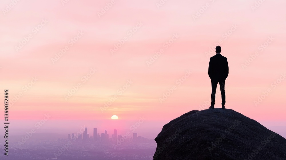 Silhouette of a businessman standing atop a mountain overlooking a city at sunrise