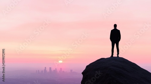 Obraz na płótnie Silhouette of a businessman standing atop a mountain overlooking a city at sunrise w salonie