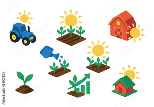 Isometric flat vector set of icons of farming and sun: tractor under sun, crops in rays, barn with sun, watering field, sunny weather for plants, plant growth chart, seedling icon, farm icon with sun