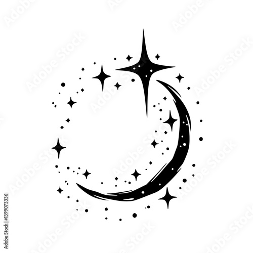 Celestial Crescent Moon & Stars, Black and White Vector Illustration