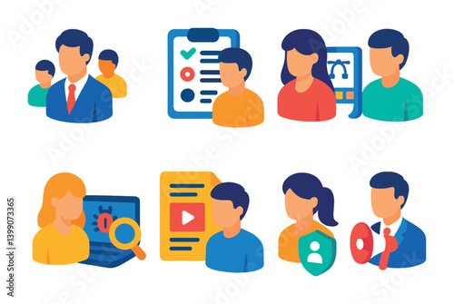 Isometric flat vector set of icons of team email features: shared inbox, group reply, assign message, internal note, mention teammate, collaboration icon, team folder, role badge. isolated