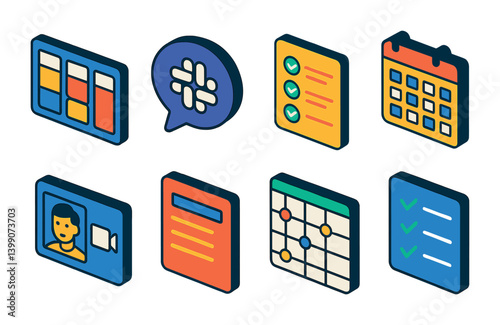 Isometric flat vector set of icons of team management tools: Trello board, Slack bubble, task list, calendar grid, Zoom window, Notion page, task tracker, checklists. isolated transparent background.