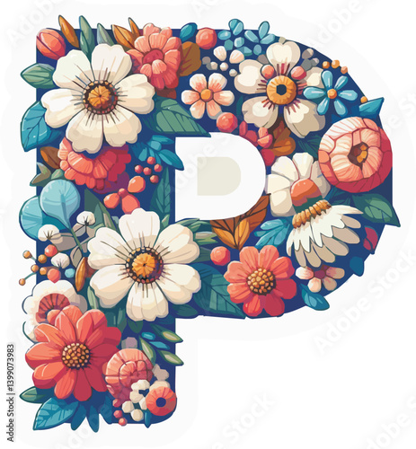 Doodle flower letter P. Floral element of colorful alphabet made from flowers