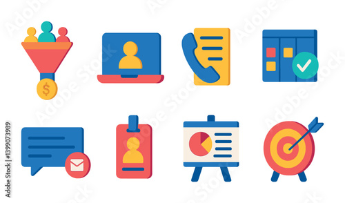 Isometric flat vector set of icons of sales teams: sales funnel, CRM icon, call sheet, deal tracker, follow-up message, lead badge, pitch deck, revenue target. isolated transparent background.
