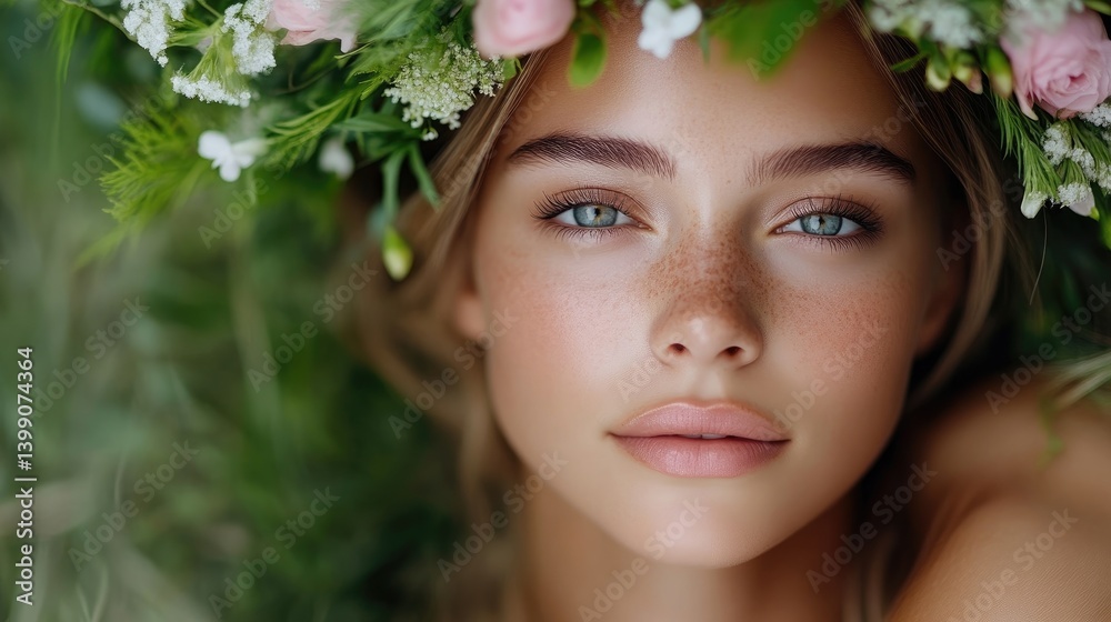 Natural beauty, floral crown, serene face