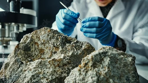 Scientist meticulously examines rough, grey rocks with a fine tool