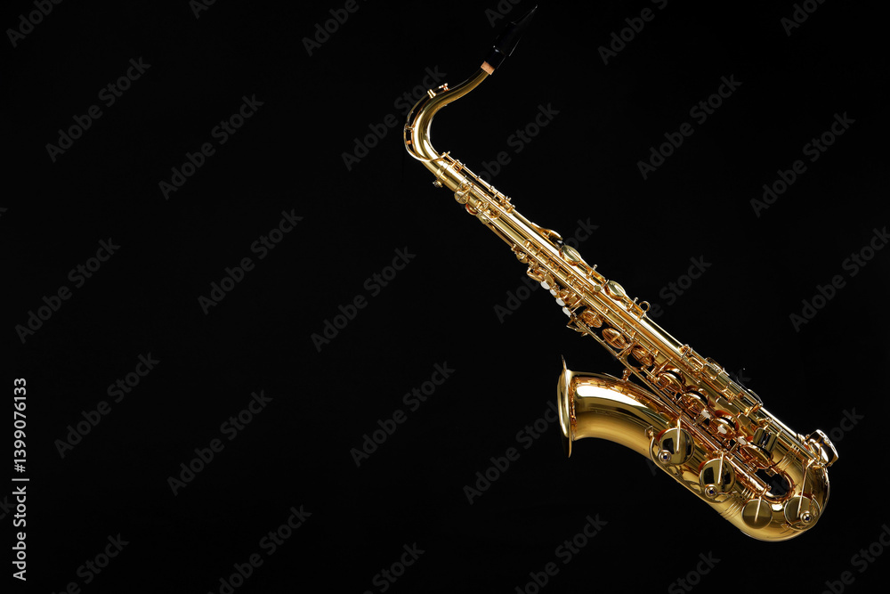 Obraz premium Jazz. One beautiful saxophone hanging from strap on black background, space for text