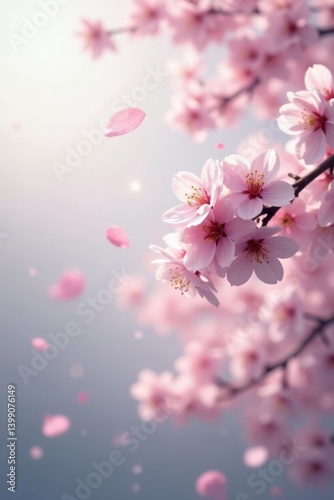 Delicate pink sakura petals fall gently in a soft focus background of blooming trees with pastel hues , gentle fall, spring