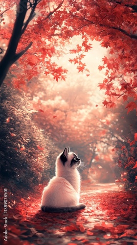 A serene image of a Siamese cat sitting quietly beneath vibrant red autumn leaves, creating a tranquil and picturesque scene reflecting the beauty of nature.