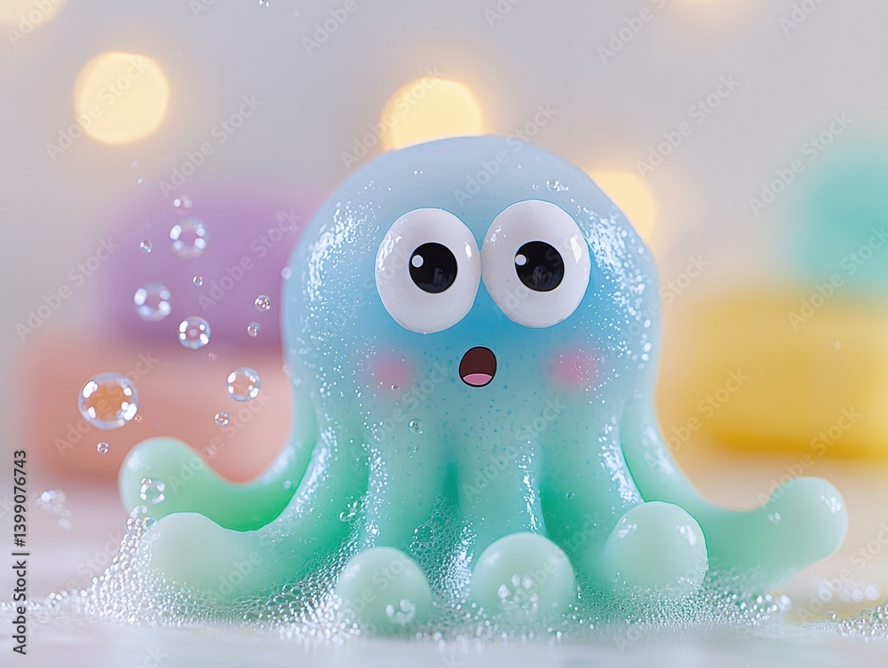 Obraz premium Cute octopus toy surrounded by bubbles. AI.