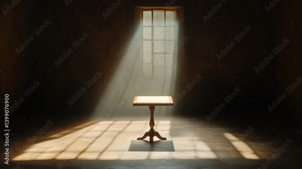 Empty wooden table in a dimly lit room, sunbeams illuminating the space