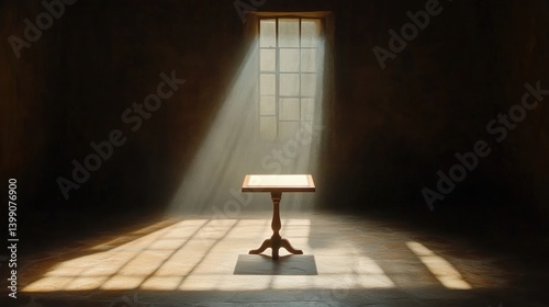 Obraz na płótnie Empty wooden table in a dimly lit room, sunbeams illuminating the space w salonie