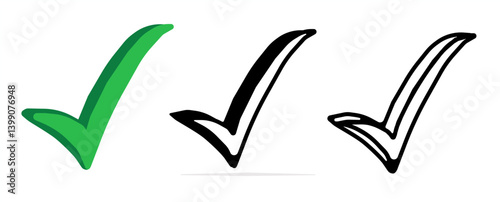 Check mark symbol in green and black outline style. Minimalist tick sign icon representing confirmation, approval, success, and correctness. Perfect for business presentations, websites, applications