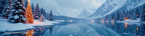 Frozen lake with ice skaters and Christmas trees, wintry scenes, pine trees