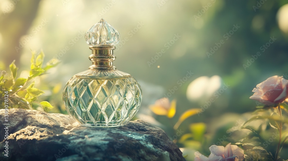 Elegant perfume bottle with a clear glass container, positioned on rough rock texture, luxury beauty and fashion concept