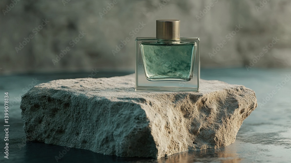 Elegant perfume container with soft aroma mist, placed on sculpted stone, refined minimalist composition for beauty branding
