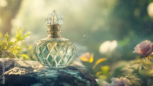 Obraz na płótnie Elegant perfume bottle with a clear glass container, positioned on rough rock texture, luxury beauty and fashion concept w salonie