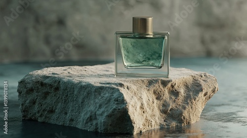 Obraz na płótnie Elegant perfume container with soft aroma mist, placed on sculpted stone, refined minimalist composition for beauty branding w salonie