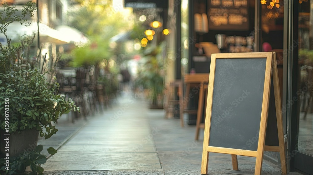 Empty signboard on the sidewalk in front of a vintage coffee shop, with copy space and shallow depth of field