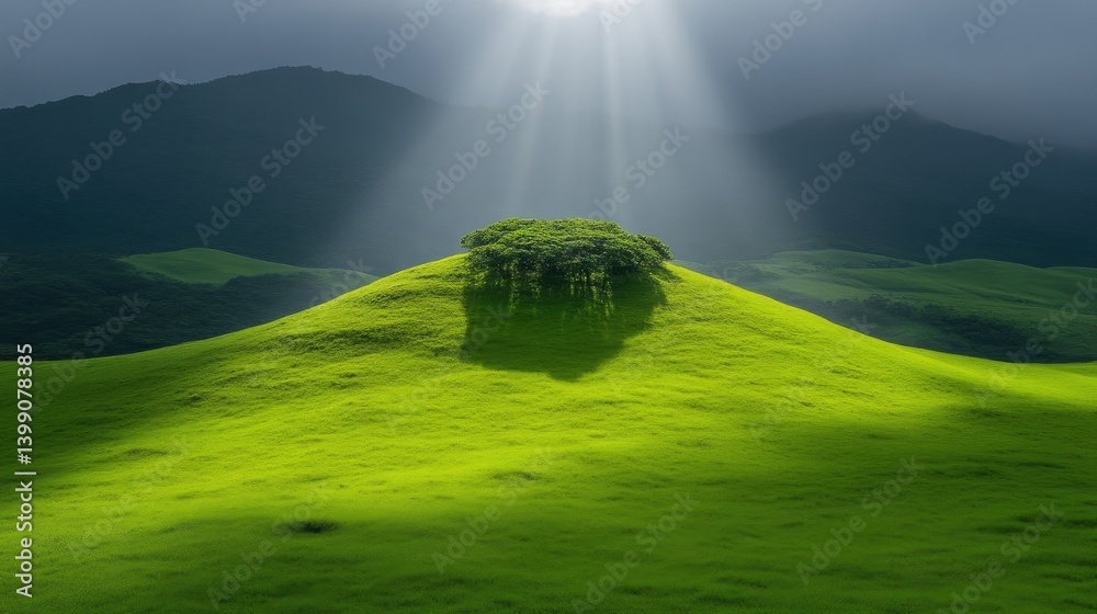 Lush green hilltop with sun rays