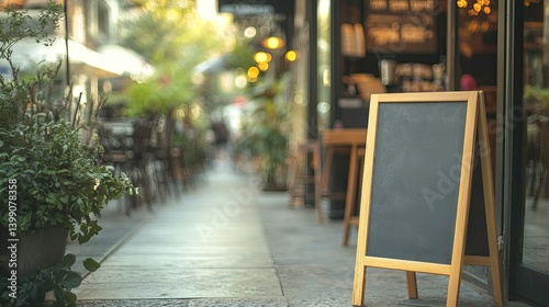 Obraz na płótnie Empty signboard on the sidewalk in front of a vintage coffee shop, with copy space and shallow depth of field w salonie