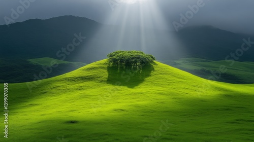 Lush green hilltop with sun rays