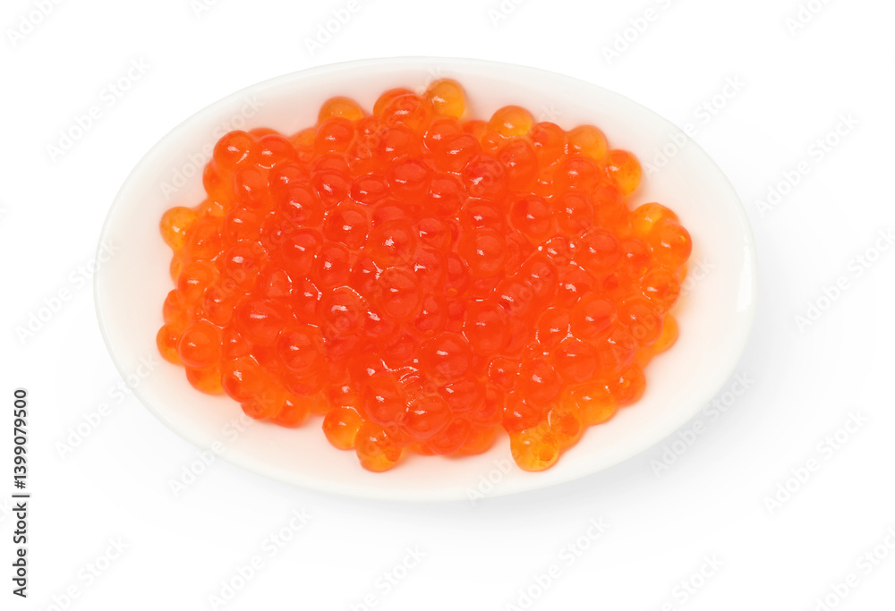Delicious red caviar in bowl isolated on white, top view Delicious red caviar in bowl isolated on white, top view