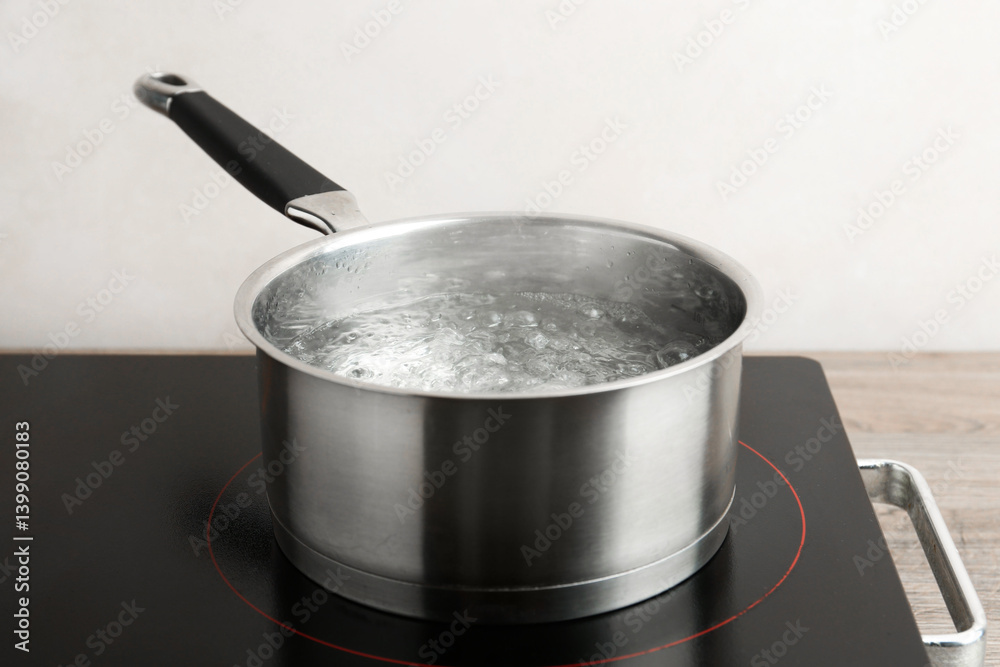 Saucepan with boiling water and stove on wooden table against white background, closeup