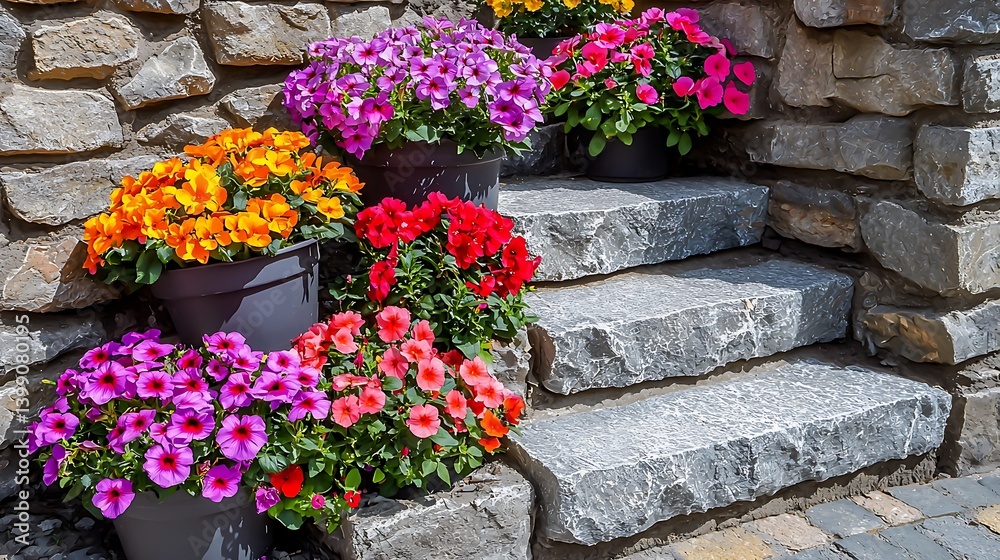 Colorful Flower Pots on Stone Steps Creating a Charming Outdoor Visual Appeal Colorful Flower Pots on Stone Steps Creating a Charming Outdoor Visual Appeal