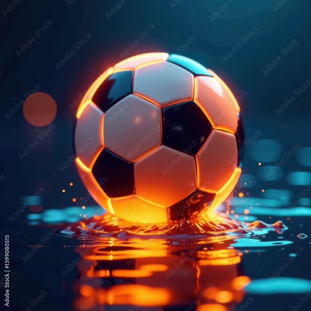 Naklejka premium Glowing neon soccer ball hovering above water surface , water, neon