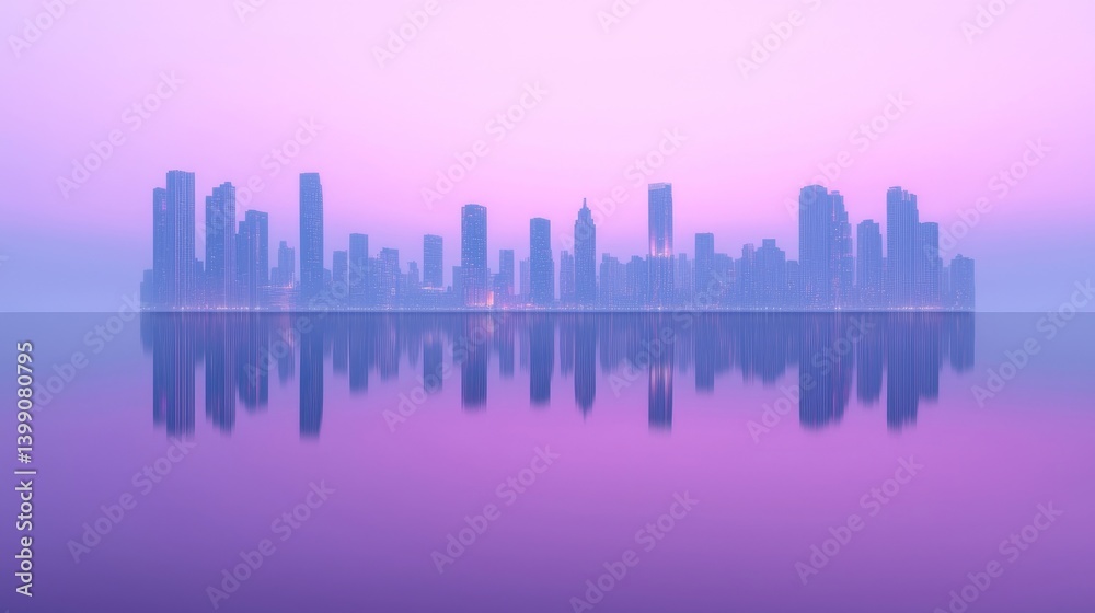 Misty city skyline reflected in tranquil water at dawn